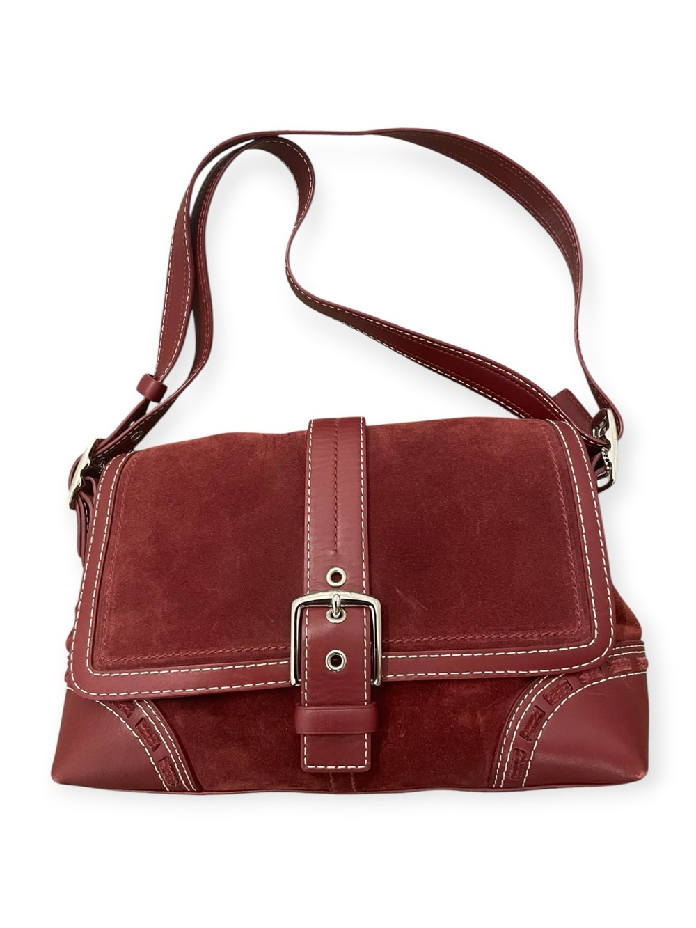 vintage 2003 Coach Soho Suede Buckle Flap Shoulder Bag in Burgundy Y2K